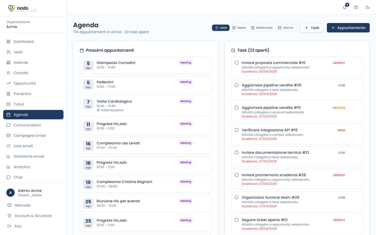 Agenda di NodoCRM: prossimi appuntamenti e task del team